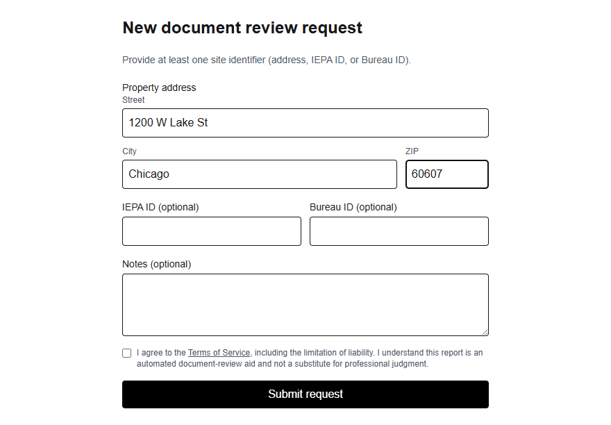 The request form: enter a property address, IEPA ID, or Bureau ID