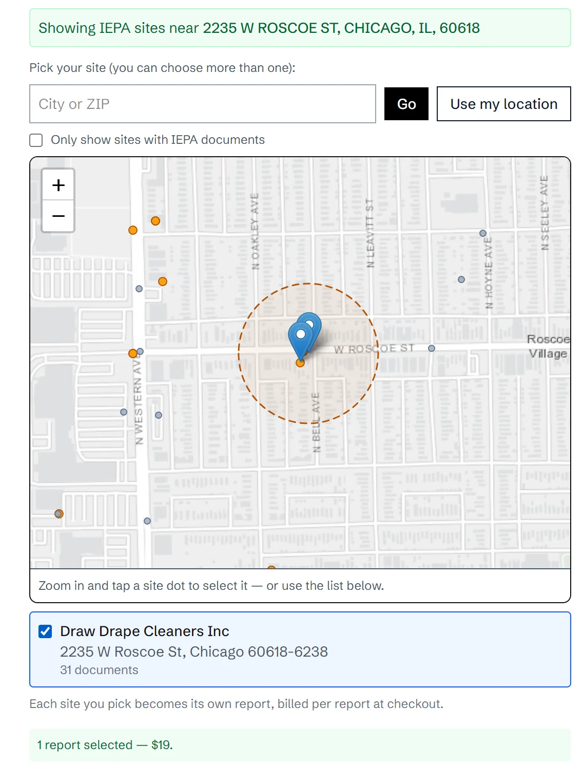 The request form: a property address searched against the map, with the matching IEPA site and its document count