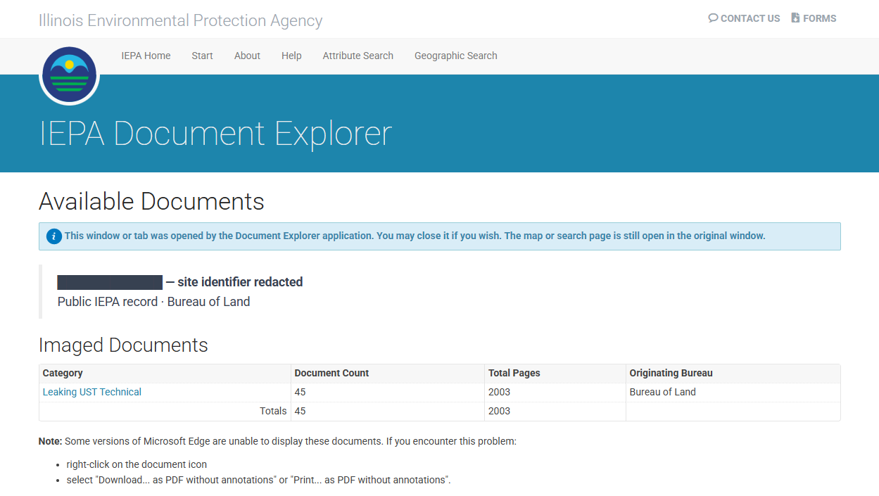 A site's record in the IEPA Document Explorer showing 45 documents and 2,003 pages