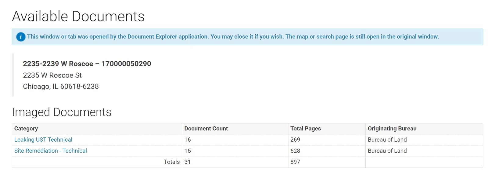 The site's record in the IEPA Document Explorer showing 31 documents and 897 pages across two bureaus