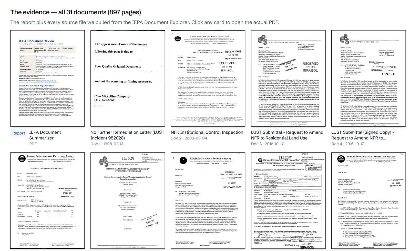 The report’s evidence grid: a card for all 31 source documents, each named and dated, opening the actual PDF