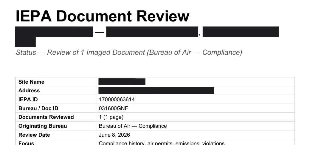 The finished IEPA Document Review report: a facts table with site details, IDs, bureau, and review date