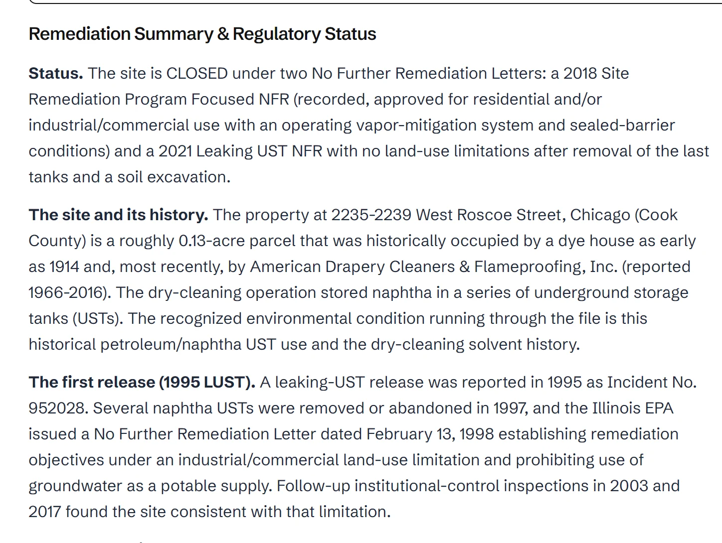 A plain-English remediation summary and regulatory status written from the same site's documents